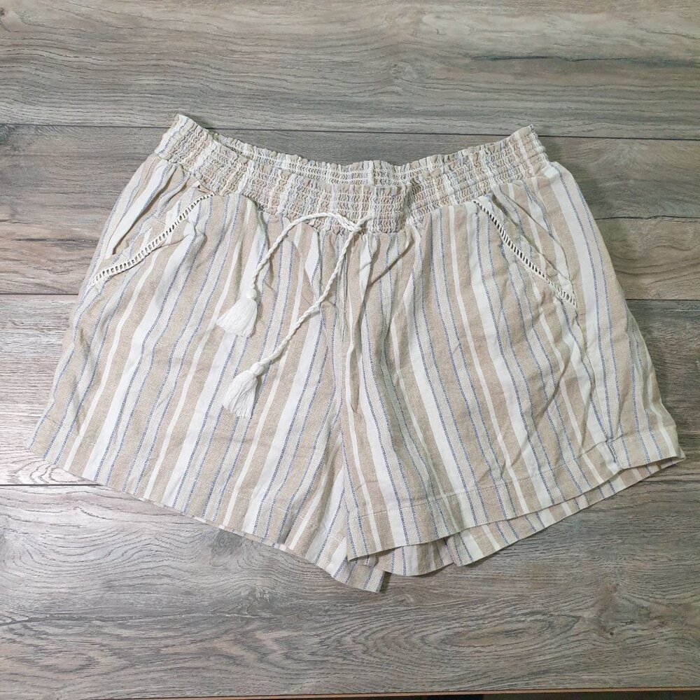 Striped Linen Rayon Blend Elastic 34 In Waist Shorts Drawstring Tassel  XL Beach